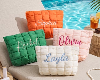 Personalized Quilted Makeup Bag, Custom Embroidered Cosmetic Pouch, Bridesmaid Gifts, Travel Toiletry Organizer