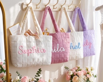 Personalized Quilted Nylon Tote Bag, Custom Bridesmaid Gift,Monogrammed Shoulder Bag, Gift for Women, Beach Bag