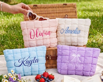 Personalized Quilted Nylon Cosmetic Bag, Embroidered Bridesmaid Zipper Pouch,Wedding Gifts,Travel Toiletry Organizer