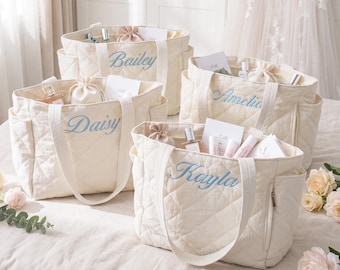 Personalized Quilted Bridesmaid Tote, Embroidered Name Shoulder Bag, Wedding Gift