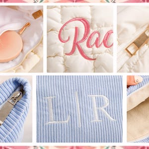 Peut inclure: Un sac &agrave; cosm&eacute;tiques matelass&eacute; blanc cass&eacute; avec une fermeture &eacute;clair dor&eacute;e et un compact assorti. Le sac a une texture douce et rembourr&eacute;e. Le sac porte le nom "Race" brod&eacute; en rose. Un sac en velours c&ocirc;tel&eacute; bleu clair avec les initiales "LR" brod&eacute;es en blanc.