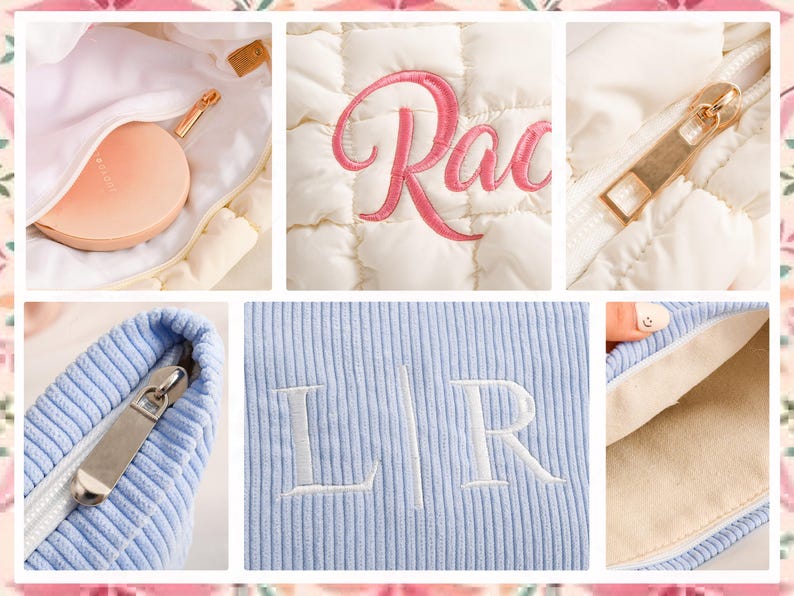 Peut inclure: Un sac &agrave; cosm&eacute;tiques matelass&eacute; blanc cass&eacute; avec une fermeture &eacute;clair dor&eacute;e et un compact assorti. Le sac a une texture douce et rembourr&eacute;e. Le sac porte le nom "Race" brod&eacute; en rose. Un sac en velours c&ocirc;tel&eacute; bleu clair avec les initiales "LR" brod&eacute;es en blanc.