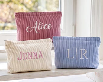 Personalized Corduroy Makeup Bag, Embroidered Cosmetic Pouch, Bridesmaid Gift Bag,Summer Beach Bag Organizer Cosmetic Gift for Her