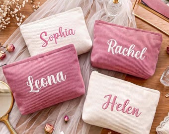 Personalized Corduroy Makeup Bag, Embroidered Bridesmaid Gift, Travel Toiletry Pouch