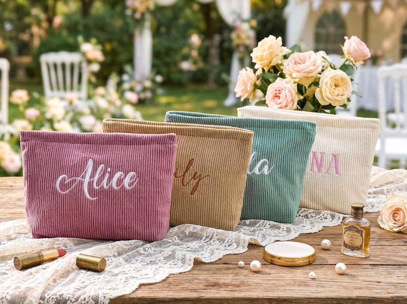 Peut inclure: Quatre trousses de maquillage en velours c&ocirc;tel&eacute; rose, beige, sarcelle et cr&egrave;me, chacune brod&eacute;e d'un nom dans une couleur compl&eacute;mentaire. Les sacs sont pr&eacute;sent&eacute;s sur une table en bois avec du maquillage et un flacon de parfum.