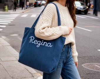 Personalized Bridesmaid Tote Bag, Embroidered Name Tote Bag, Corduroy Tote Bag, Bridesmaid Gift Bags, Monogram Bag, Wedding Party Gift Bag