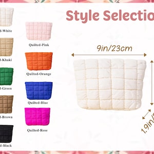 Peut inclure: Pochette matelass&eacute;e blanc cass&eacute;, de 23 cm de large, 15 cm de haut et 5 cm de profondeur. L'image pr&eacute;sente une s&eacute;lection de styles de pochettes matelass&eacute;es de diff&eacute;rentes couleurs : blanc, rose, kaki, orange, vert, marron, noir, bleu et rose.