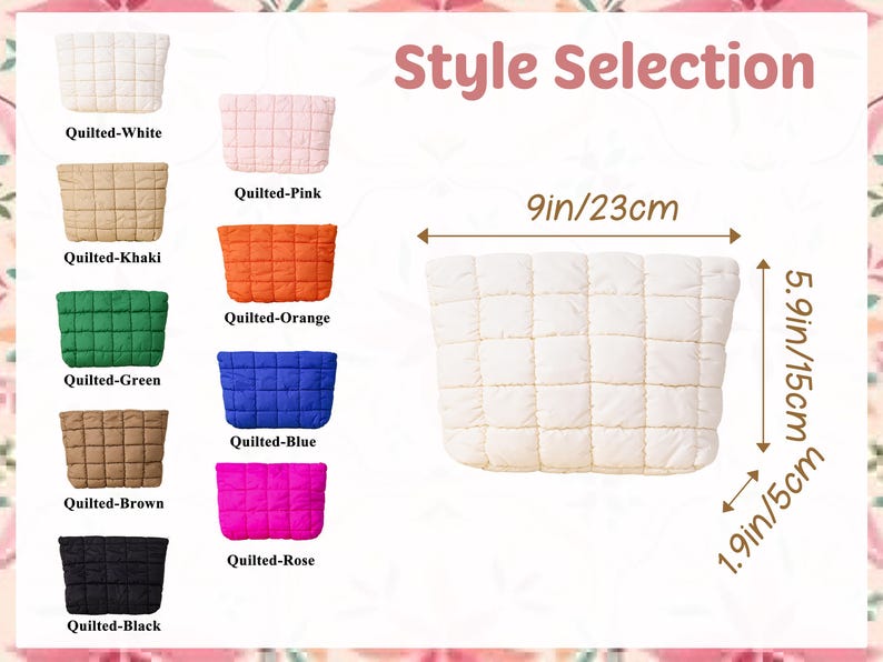 Peut inclure: Pochette matelass&eacute;e blanc cass&eacute;, de 23 cm de large, 15 cm de haut et 5 cm de profondeur. L'image pr&eacute;sente une s&eacute;lection de styles de pochettes matelass&eacute;es de diff&eacute;rentes couleurs : blanc, rose, kaki, orange, vert, marron, noir, bleu et rose.