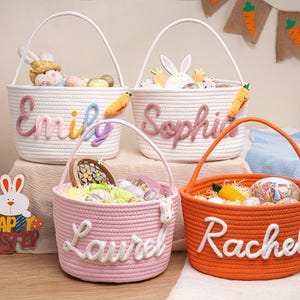 名前入りのパーソナライズイースターバスケット、手編みロープバスケット、子供用イースターバニーギフト、イースターエッグハントバスケット、ベビーシャワーギフト