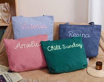 Personalized Corduroy Tote Bag, Embroidered Name Tote Bag, Bridesmaid Tote Bag, Bridesmaid Gift Bags, Monogram Bag, Wedding Party Gift Bag