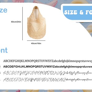 Puede incluir: Una bolsa de mano de crochet beige con un dise&ntilde;o en forma de coraz&oacute;n. La bolsa mide 60 cm de alto y 40 cm de ancho. La imagen tambi&eacute;n muestra cuatro estilos de fuente diferentes etiquetados como F1, F2, F3 y F4, con el alfabeto en cada estilo.