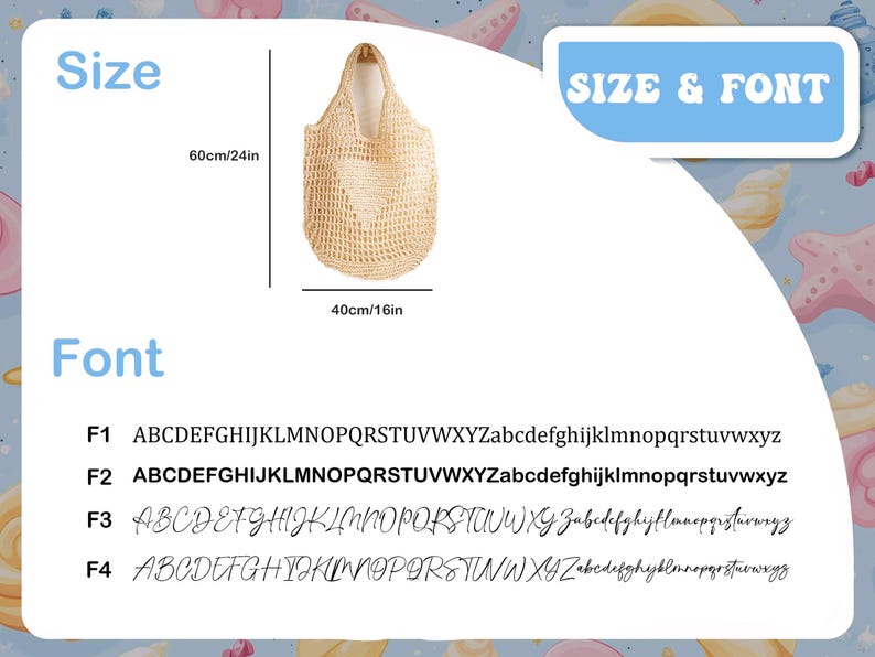 Puede incluir: Una bolsa de mano de crochet beige con un dise&ntilde;o en forma de coraz&oacute;n. La bolsa mide 60 cm de alto y 40 cm de ancho. La imagen tambi&eacute;n muestra cuatro estilos de fuente diferentes etiquetados como F1, F2, F3 y F4, con el alfabeto en cada estilo.