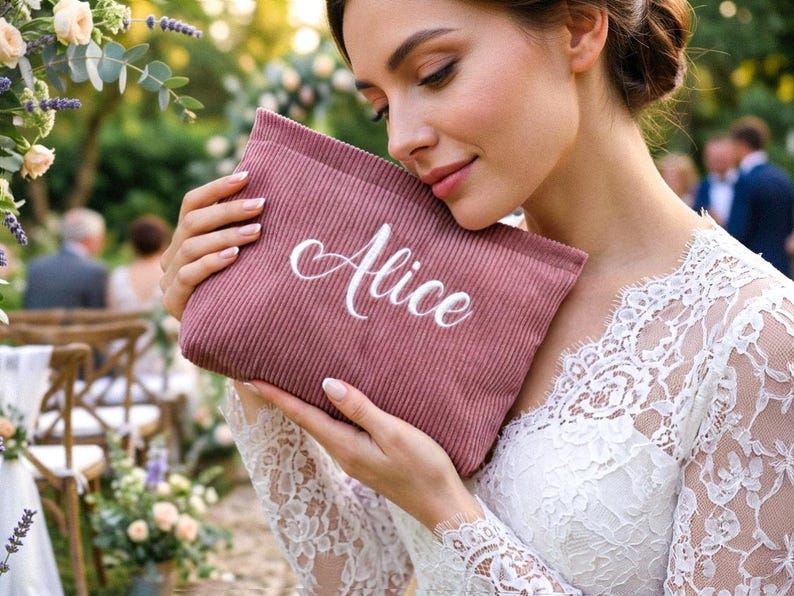 Peut inclure: Une pochette en velours c&ocirc;tel&eacute; rose poudr&eacute; avec le nom "Alice" brod&eacute; en &eacute;criture blanche. La pochette est tenue par une personne portant une robe en dentelle blanche, probablement lors d'un mariage. Le fond comprend des fleurs et des si&egrave;ges ext&eacute;rieurs.