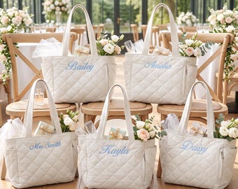 Custom Embroidered Quilted Tote with Name, Personalized Bridesmaid Gift, Monogram Beach Bag, Wedding Party Gift, Gift for Her