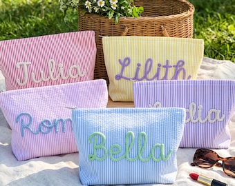 Personalized Seersucker Cosmetic Bag, Hand-Crocheted Name Makeup Pouch, Bridesmaid Travel Bag,Striped Toiletry Bag,Beach Pouch,Gift for Her