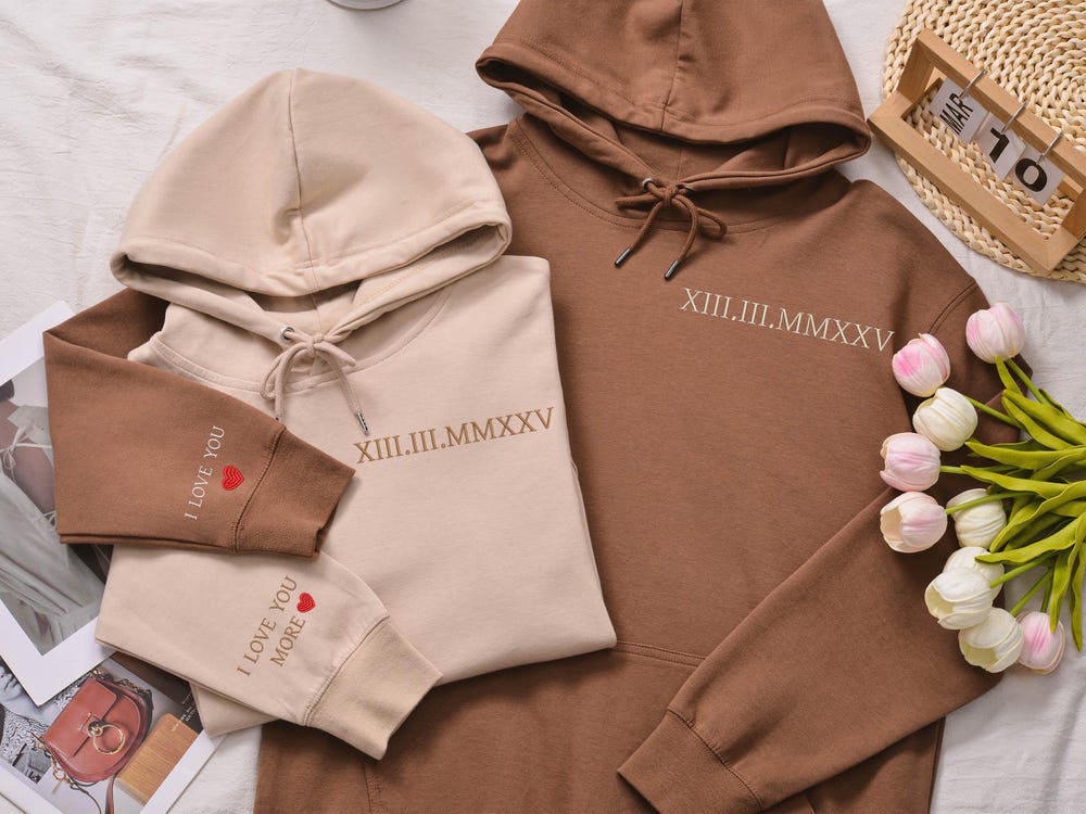 Personalized Embroidered Couple Matching Hoodie,Roman Numeral Hoodie,Engagements Gift ,Couple Hoodies Gift,Anniversary Gift,Hoodie With Date Teeplaza Design