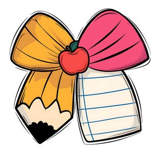 May include: A whimsical illustration of a school-themed bow. The bow features a yellow pencil, a pink bow, a notepad, and a red apple. The design has a black outline, giving it a cartoonish appearance, perfect for back-to-school decorations.