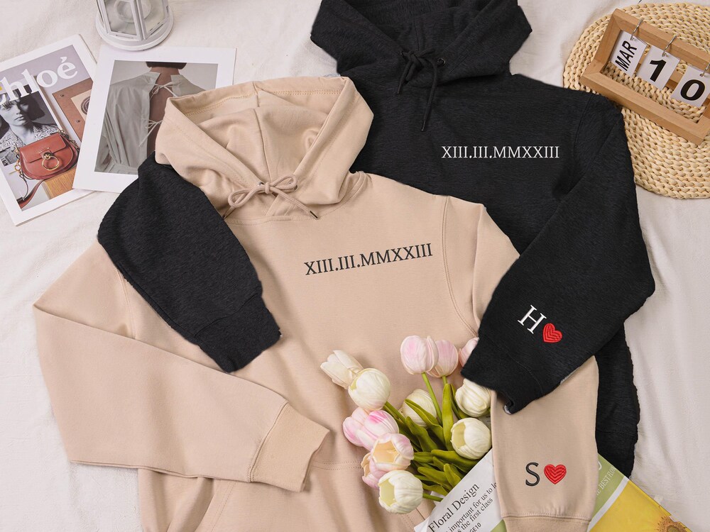 Personalized Embroidered Roman Numeral Hoodie,Couple Hoodies Gift,Anniversary Gift, Date Hoodie Initial On Sleeve,Engagements Gift Hoodies Teeplaza Design