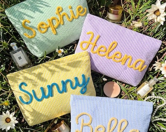 Personalized Seersucker Cosmetic Bag,Custom Name Makeup Bag,Bridesmaid Gift,Travel Makeup Bag,Striped Toiletry Bag,Beach Pouch,Gift for Her