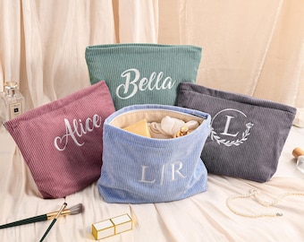 Personalized Corduroy Makeup Bag, Bridesmaid makeup Gift Bag, Makeup bag, Embroidered Cosmetic Bag, Gift for Women, Wedding Party Gifts Bag