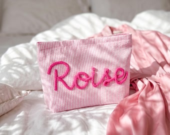 Trousse de maquillage avec nom personnalisé,Trousse de maquillage personnalisée en seersucker,Trousse à maquillage personnalisée,Trousse cadeau de demoiselle d'honneur,Trousse de toilette de voyage à rayures,Cadeau pour elle