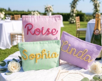 Personalized Seersucker Cosmetic Bag,Custom Name Makeup Bag,Bridesmaid Gift,Travel Makeup Bag,Striped Toiletry Bag,Beach Pouch,Gift for Her