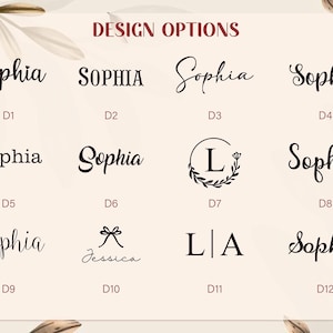 Peut inclure: Graphique pr&eacute;sentant des options de conception de noms, notamment "Sophia" et "Jessica", dans diff&eacute;rentes polices. Les styles incluent l'&eacute;criture cursive, le gras et un monogramme. Le texte est noir sur fond clair.