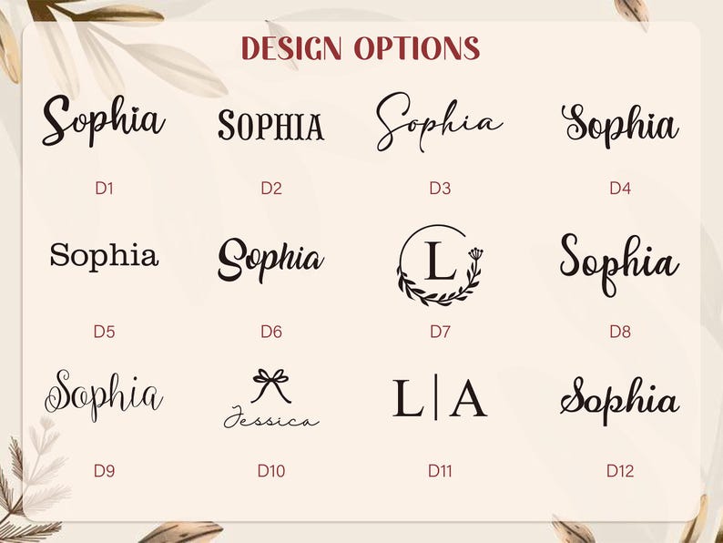 Peut inclure: Graphique pr&eacute;sentant des options de conception de noms, notamment "Sophia" et "Jessica", dans diff&eacute;rentes polices. Les styles incluent l'&eacute;criture cursive, le gras et un monogramme. Le texte est noir sur fond clair.