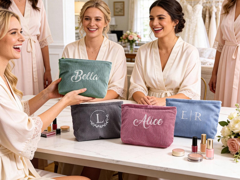 Peut inclure: Sacs &agrave; cosm&eacute;tiques en velours c&ocirc;tel&eacute; de diff&eacute;rentes couleurs, dont vert, gris, rose et bleu. Chaque sac est personnalis&eacute; avec un nom ou des initiales en &eacute;criture blanche. Les sacs sont pr&eacute;sent&eacute;s sur une table blanche avec des articles de maquillage.