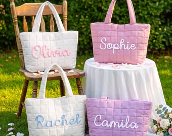 Custom Crochet Quilted Tote Bag, Personalized Name Beach Shoulder Bag, Bridesmaid Gift,Bridal Party Gift
