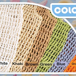 Puede incluir: Primer plano de seis muestras de tejido de crochet en diferentes colores: blanco, caqui, marr&oacute;n, verde, azul y naranja. Las muestras est&aacute;n dispuestas horizontalmente, con los nombres de los colores impresos debajo de cada muestra. La palabra "COLOR" est&aacute; impresa en azul sobre fondo blanco en la esquina superior derecha de la imagen.