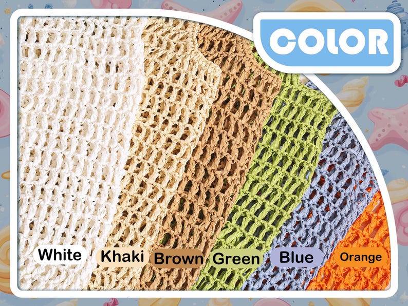 Puede incluir: Primer plano de seis muestras de tejido de crochet en diferentes colores: blanco, caqui, marr&oacute;n, verde, azul y naranja. Las muestras est&aacute;n dispuestas horizontalmente, con los nombres de los colores impresos debajo de cada muestra. La palabra "COLOR" est&aacute; impresa en azul sobre fondo blanco en la esquina superior derecha de la imagen.
