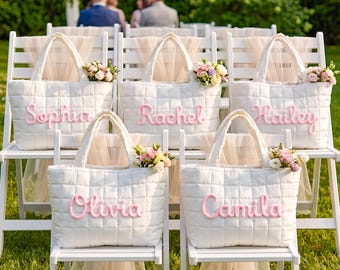 Personalized Quilted Tote Bag,Custom Name Puffer Bag for Women,Crochet Shoulder Bag,Bridesmaid Gift, Wedding Tote