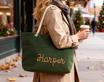 Personalized Bridesmaid Tote Bag, Corduroy Name Tote Bag, Corduroy Tote Bag, Bridesmaid Gift Bags, Monogram Bag, Wedding Party Gift Bag