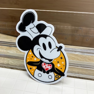 Die Cut Vinyl Sticker of Steamboat Willie Mickey Mouse with Love Sign