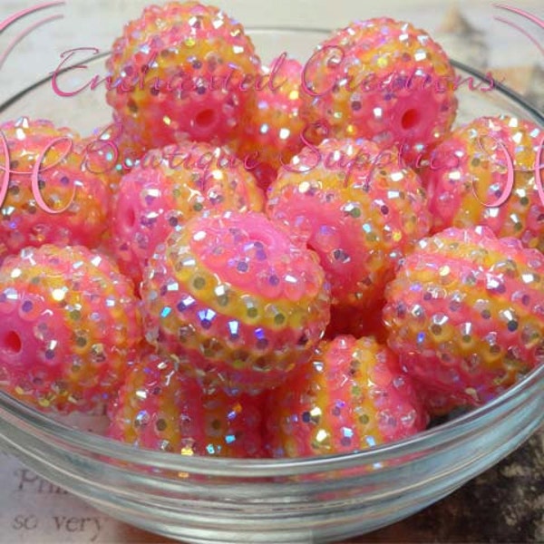 22 mm estate limonata rosa e giallo striscia AB strass perline Qty 6, perle di Bubblegum, grosso perle, perle di Gumball
