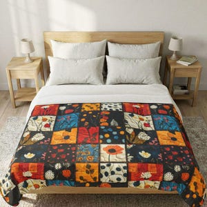Floral Patchwork Quilt, Cotton Bedding Blanket, Vintage Boho Room Decor Top