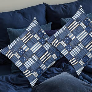 Indigo Patchwork Plaid Decorative Cushion, Blue Check Pattern Throw Pillow Case, Rustic Farmhouse Decor
