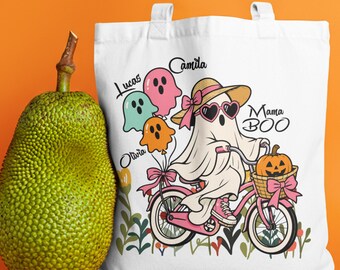 Personalized Mama Ghost Tote Bag, Custom Family Name Bag, Pastel Halloween Floral Decor Top