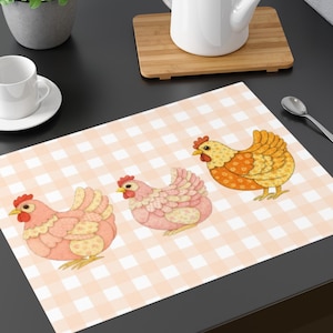 Pastel Chicken Patchwork Placemat, Gingham Farmhouse Kitchen Table Mat, Modern Country Home Gift
