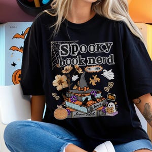Spooky Book Nerd Shirt, Halloween Reading Stack Tee, Pumpkin Ghost Bookish Gift, Comfort Colors Autumn Top