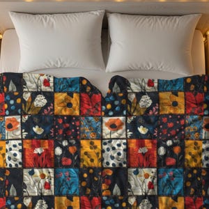 Floral Patchwork Quilt, Cotton Bedding Blanket, Vintage Boho Room Decor Top