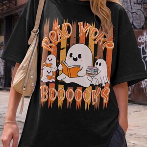 Read More Boooooks T-shirt, Cute Ghost Reading Design, Checkerboard Halloween Bookish Gift Top