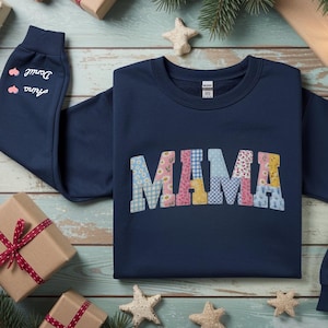Personalized Patchwork Mama Sweatshirt, Floral Quilt Design Crewneck, Mothers Day Gift, Cozy Mom Pullover