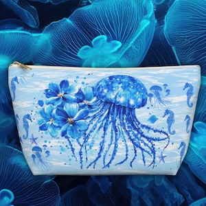 Blue Jellyfish Plumeria Accessory Pouch, Floral Ocean Makeup Bag, Coastal Travel Zippered Organizer Case