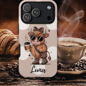 Custom Name,  Cute Cow Coffee Phone Case, Custom Name Animal Cover for iPhone, Protective Aesthetic Gift, Durable Tech Shell