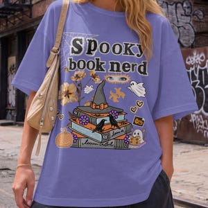 Spooky Book Nerd Shirt, Halloween Reading Stack Tee, Pumpkin Ghost Bookish Gift, Comfort Colors Autumn Top