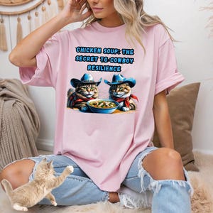 Unisex 'Cowboy Cats Chicken Soup' T-Shirt - Funny Animal Graphic Tee | Gift for Cat Lovers| Gif for Her and Him.