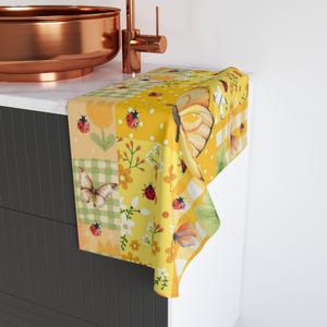 Yellow Butterfly Hand Towel, Cute Floral Ladybug Patchwork, Cozy Kitchen Bathroom Decor Top