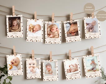 Peut inclure: Ensemble de cartes photo de jalons pour bébé, chacune avec une photo de bébé et le mois. Les cartes sont suspendues à une ficelle avec des pinces à linge en bois. Les cartes ont une bordure à carreaux beige et blanche avec des pois noirs.